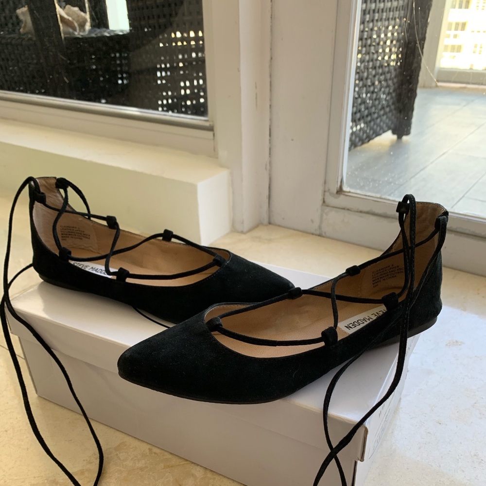 Steve Madden Black Suede Pointed Ballet Lace Flats